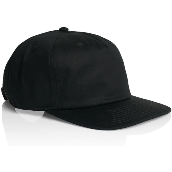 A black Class Five Panel Cap with a structured design and a branded logo on the side.