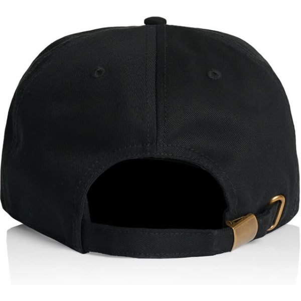 A black five-panel cap featuring a rear adjustment strap and branding on the back.