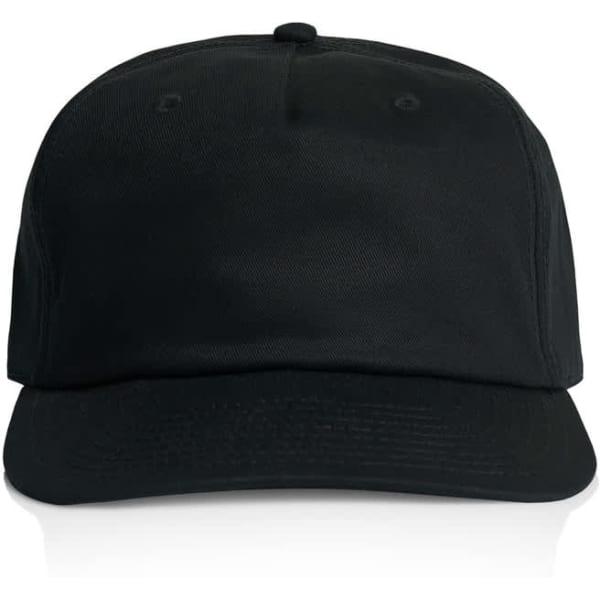 A black five-panel cap with a structured design and a front logo.