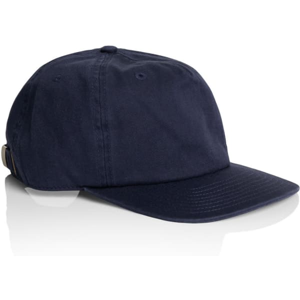 A navy blue Class Five Panel Cap featuring a curved brim and an adjustable strap at the back.