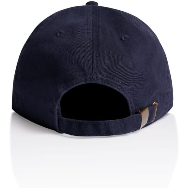 A navy blue cap featuring a back vent and a strap closure, with a logo on the side.