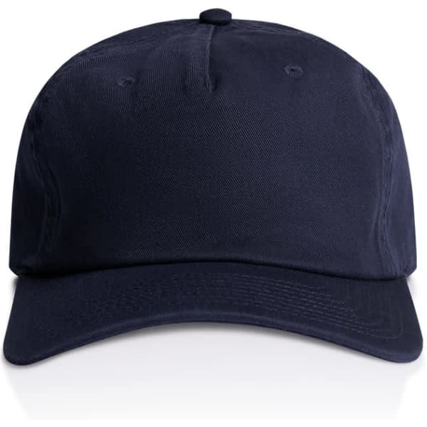 A navy blue Class Five Panel Cap featuring a structured design and a logo on the front.