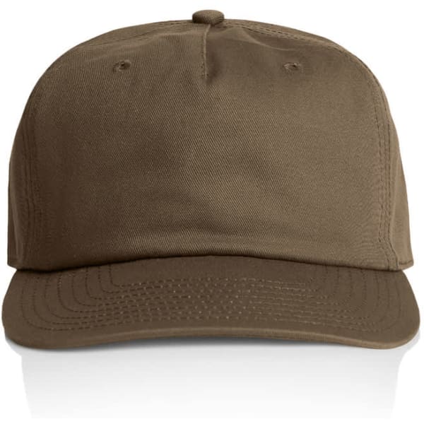 A brown Class Five Panel Cap with a structured design and a brand logo on the front.