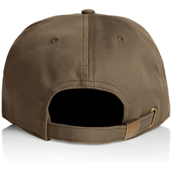 A brown Class Five Panel Cap with an adjustable strap and a logo on the back.