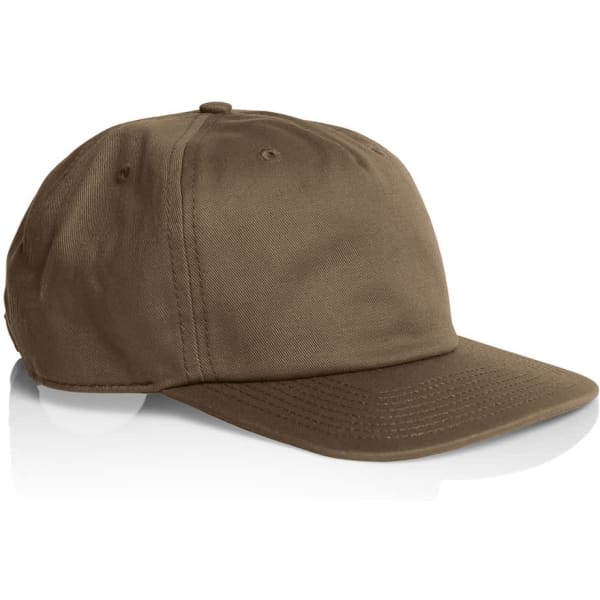 A brown five-panel cap with a flat brim and ventilation holes, featuring a subtle logo on the side.