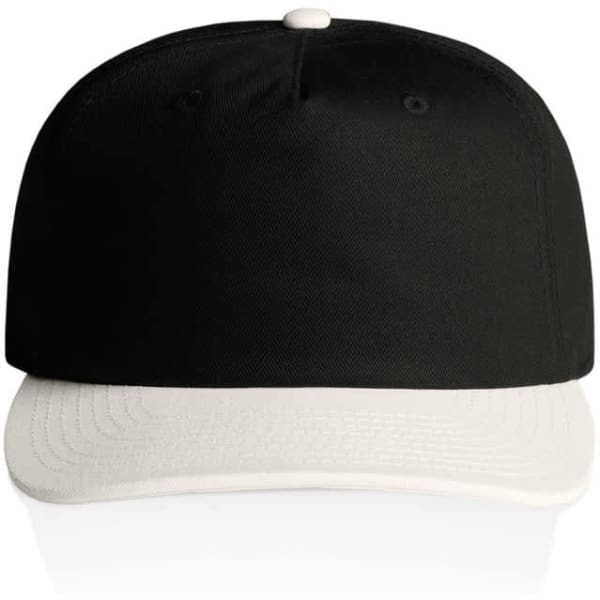 A two-tone cap with a black crown and a white peak, featuring a logo on the front.