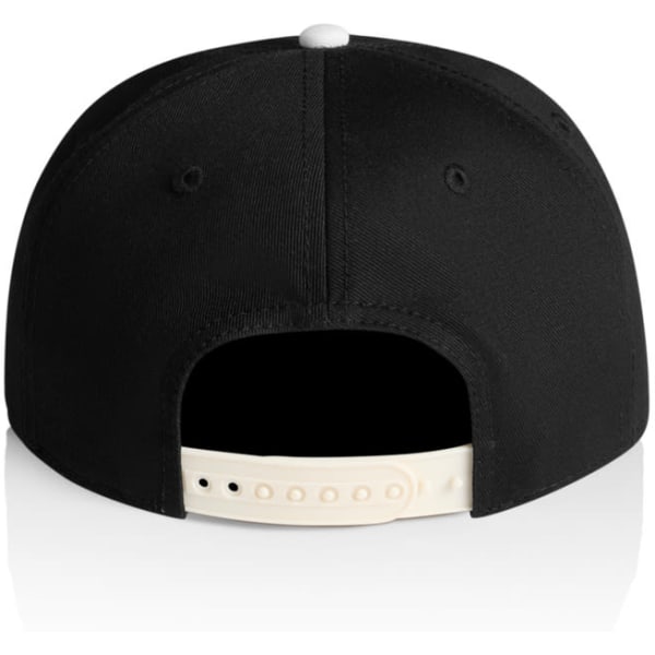 A black cap with a two-tone design featuring a cream underside and a snapback closure. It has a logo on the back.