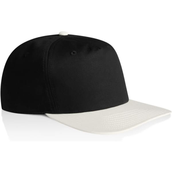 A black two-tone cap with a light-coloured peak and a logo on the side.