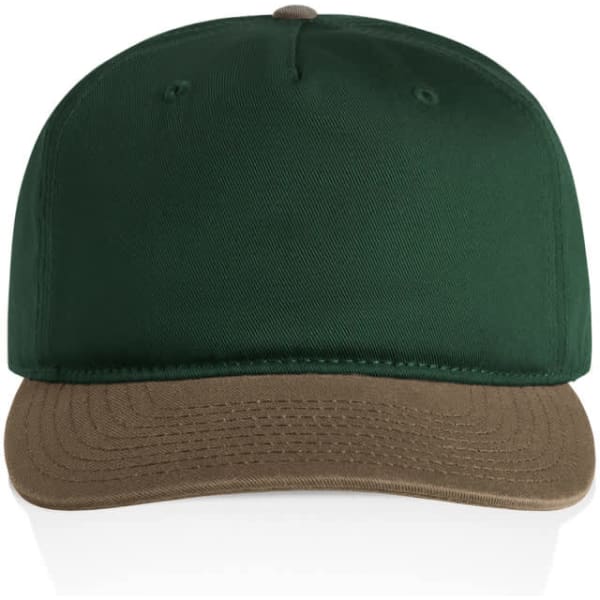 A two-tone cap featuring a dark green top and a brown peak, with a logo on the front.