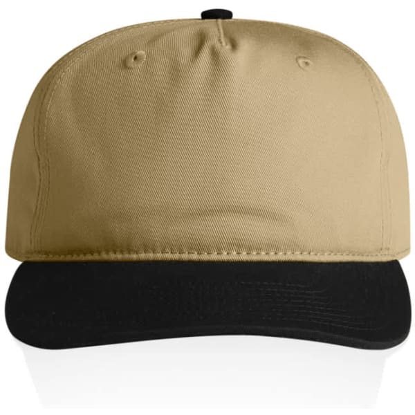 A two-tone cap featuring a khaki crown and a black brim, with a logo on the front.