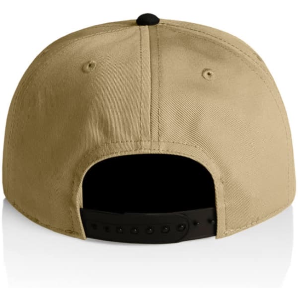 A two-tone cap featuring a tan fabric with a black visor and adjustable strap at the back.