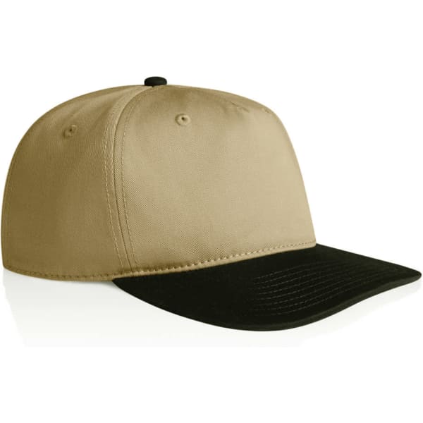 A two-tone cap featuring a beige crown and a black peak, complete with a logo.