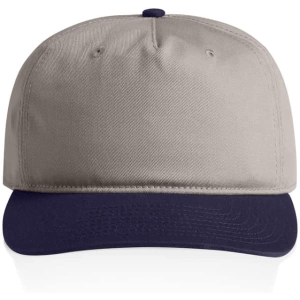 A two-tone cap featuring a beige crown and a navy brim, with a logo on the front.