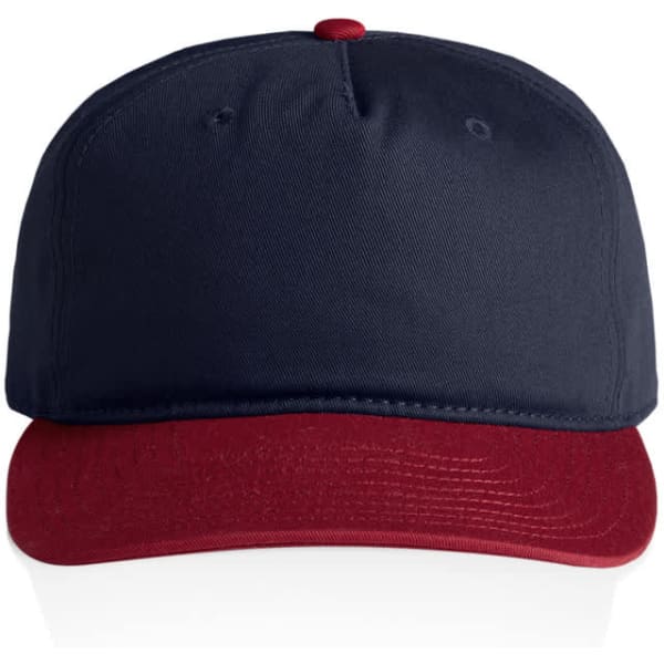 A two-tone cap featuring a navy blue crown and a burgundy brim. The cap has a logo on the front.