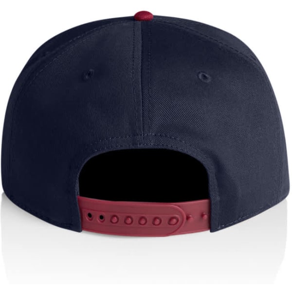 A two-tone cap featuring a navy blue body and a maroon accented brim, with an adjustable strap at the back.