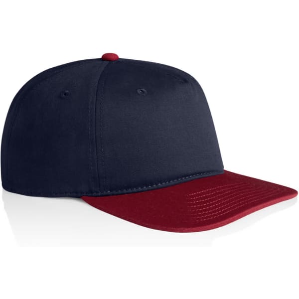 A two-tone cap featuring a navy blue body and a maroon peak, with a logo on the side.