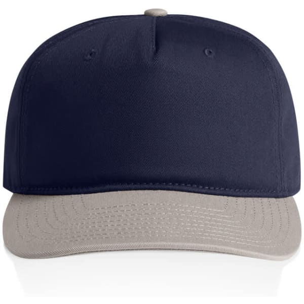 A two-tone cap featuring a navy top and a grey brim, with a logo on the front.