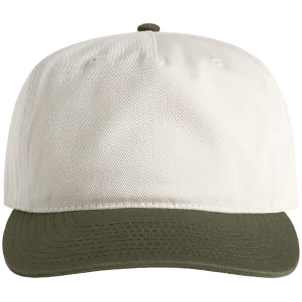 A two-tone cap featuring a white crown and an olive green brim. Includes a branding logo on the front.