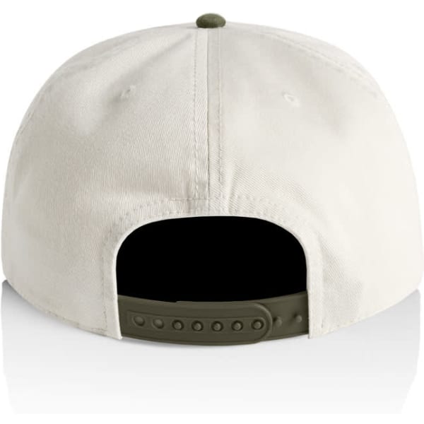 A two-tone cap in cream and olive green, featuring a rear adjustable strap and a logo.