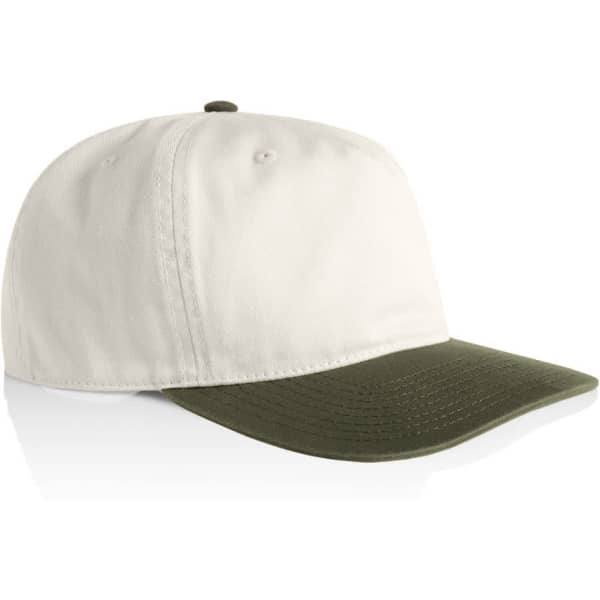 A two-tone cap featuring a cream-coloured crown and an olive green brim, with a logo on the side.