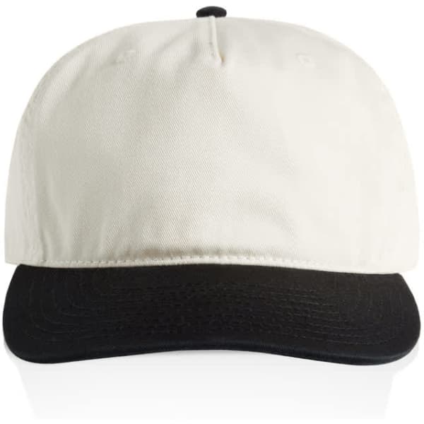 A two-tone cap featuring a white top and a black brim. The cap has a logo on it.