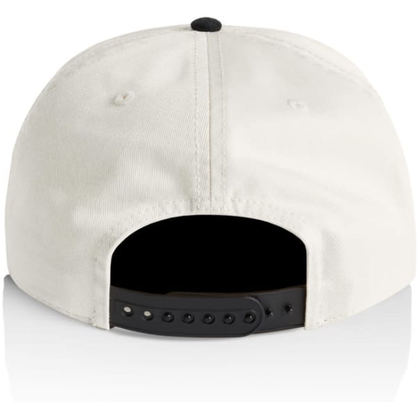 A two-tone cap in white and black featuring a strapback closure and a logo on the back.