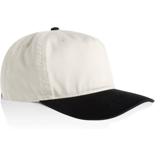 A two-tone cap featuring a cream crown and a black peak, with a logo on the front.