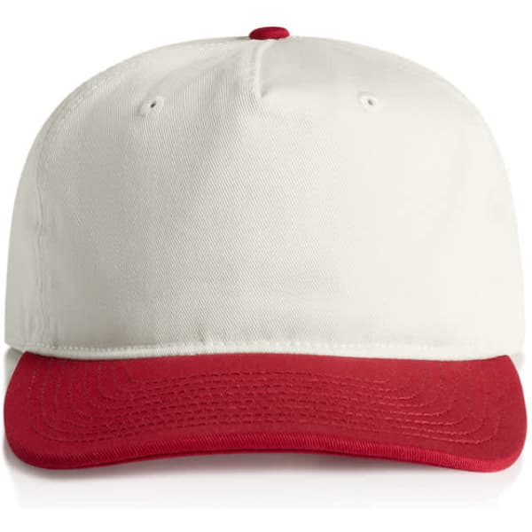A two-tone cap featuring a cream top and a red brim, with a logo on the front.