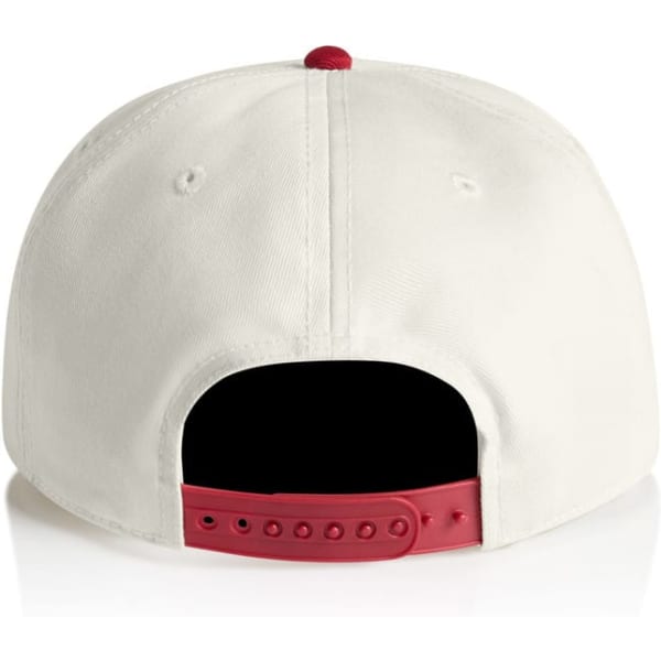 A two-tone cap featuring a cream front and red back, with an adjustable snapback closure and branding.