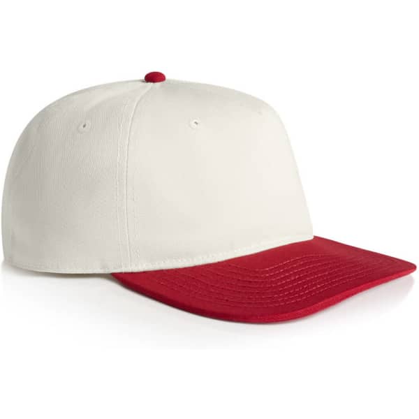 A two-tone cap featuring a white body and a red peak, with a button at the top and branding.