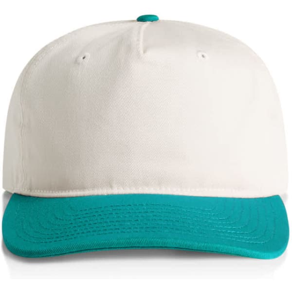 A two-tone cap featuring a white crown and a teal peak, complete with branding.