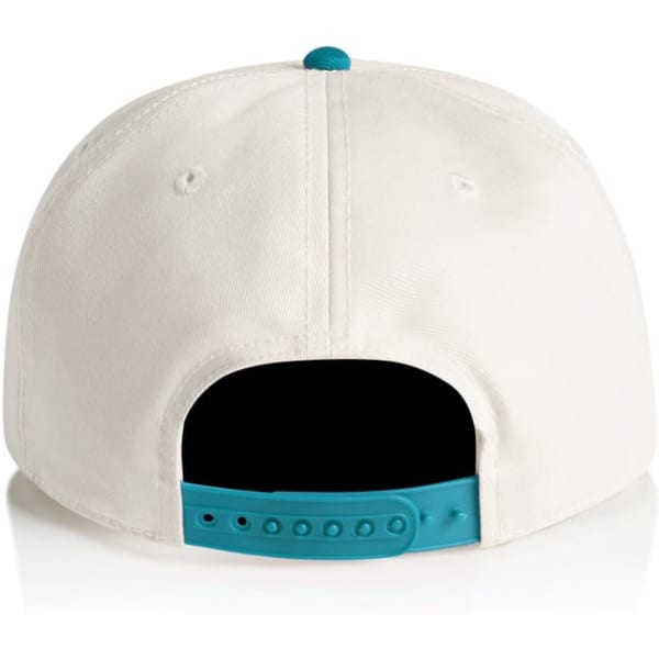 A two-tone cap featuring a white base with a teal back and adjustable strap. It has a logo on the back.