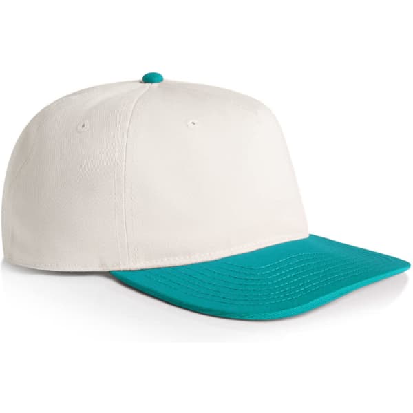 A two-tone cap featuring a white crown and a teal brim, equipped with a logo.