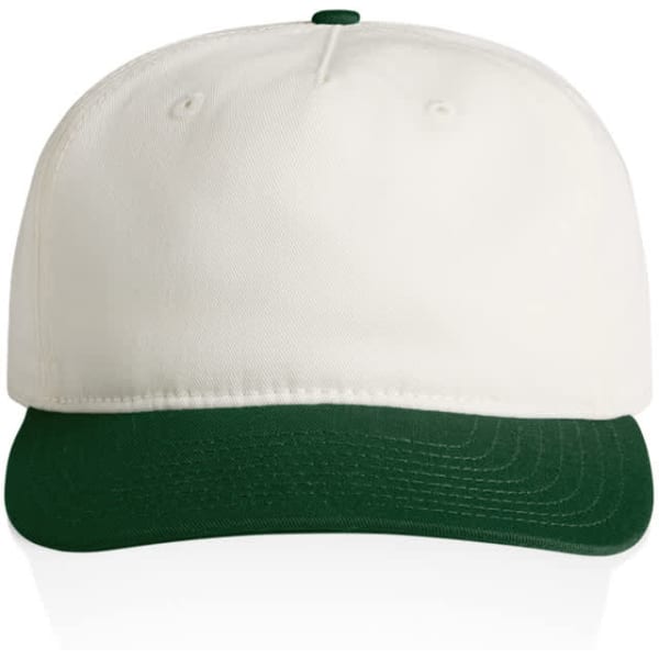 A two-tone cap featuring a white crown and a green peak, with a logo on the front.