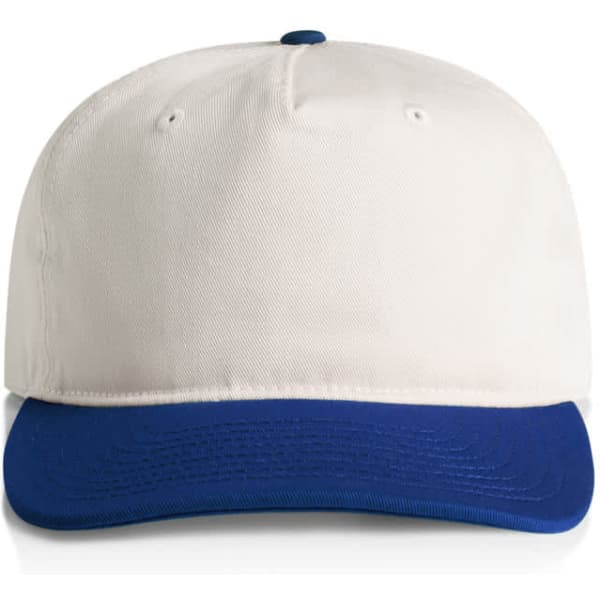 A two-tone cap featuring a white crown and a blue peak, with a logo on the front.