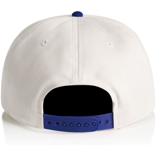 A two-tone cap featuring a white front and a blue back with an adjustable strap and a logo.