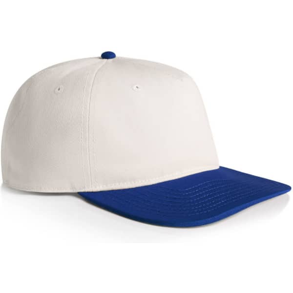 A two-tone cap featuring a white upper and a blue peak, with a button on top and a logo.