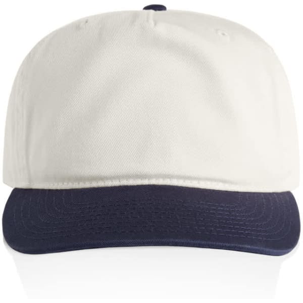 A two-tone cap featuring a white crown and a navy blue peak, complete with a logo on the front.