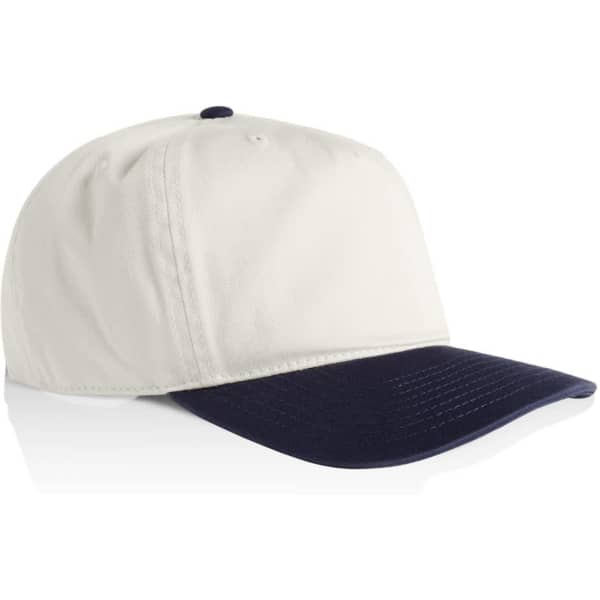 A two-tone cap featuring a cream-coloured crown and a navy blue peak, with a logo on the front.