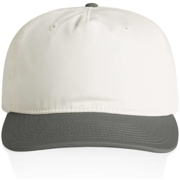A two-tone cap featuring a white crown and a grey peak. The cap has a logo on the front.
