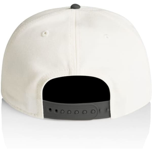 A two-tone cap in cream and black, featuring a snapback closure and a smooth finish at the back.