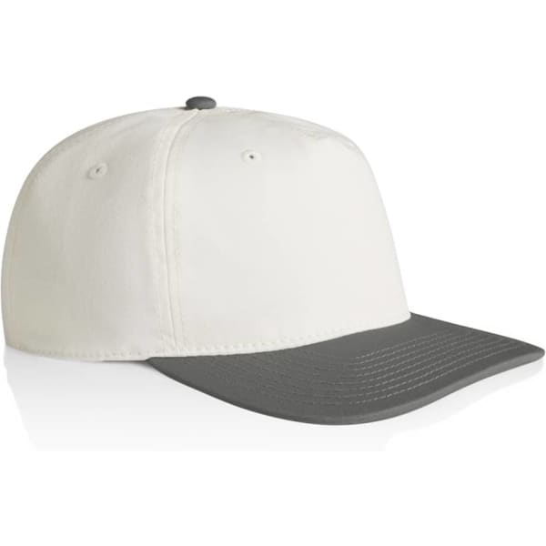 A two-tone cap featuring a white crown and a grey peak, with a button on top and a branded label.