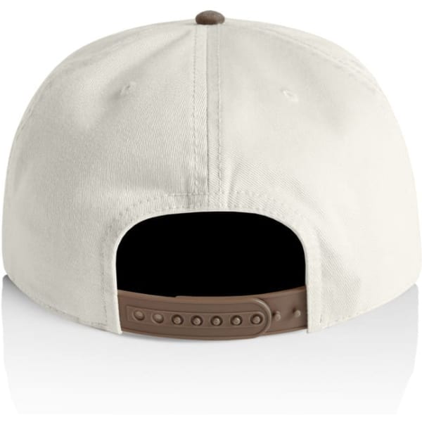 A two-tone cap featuring a cream front and a black back, with an adjustable strap and a logo.