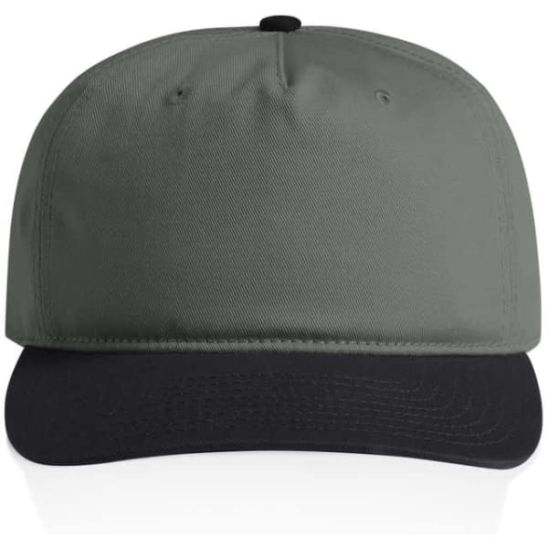 A two-tone cap featuring a green crown and a black peak, designed for headwear. It has a logo on the front.