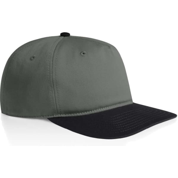 A two-tone cap in grey and black, featuring a structured crown and a curved brim. It includes a logo on the side.