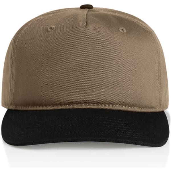 A two-tone cap featuring a brown upper and black brim, with a logo on the front.