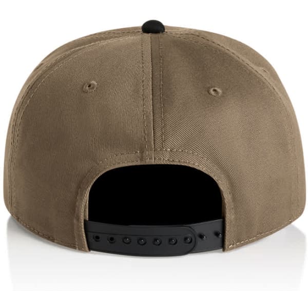 A two-tone cap in brown and black with a black adjustable strap at the back. It features a logo.