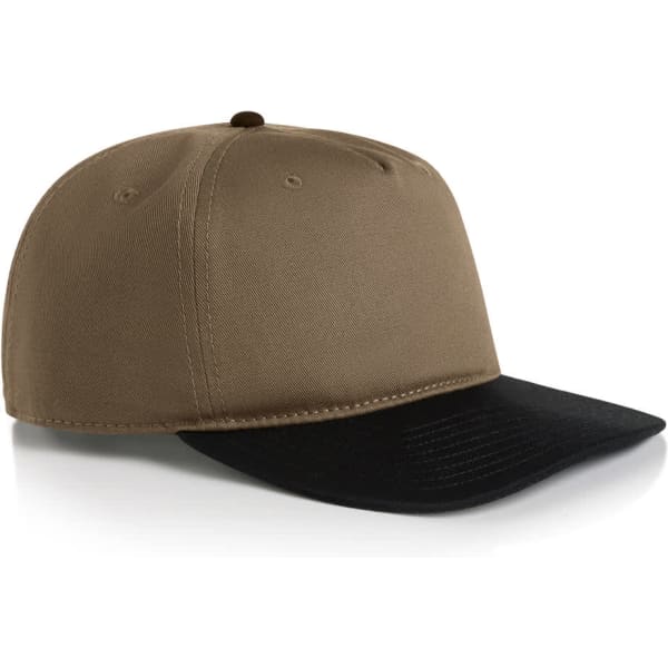 A two-tone cap featuring a tan crown and a black peak, with a logo on the side.