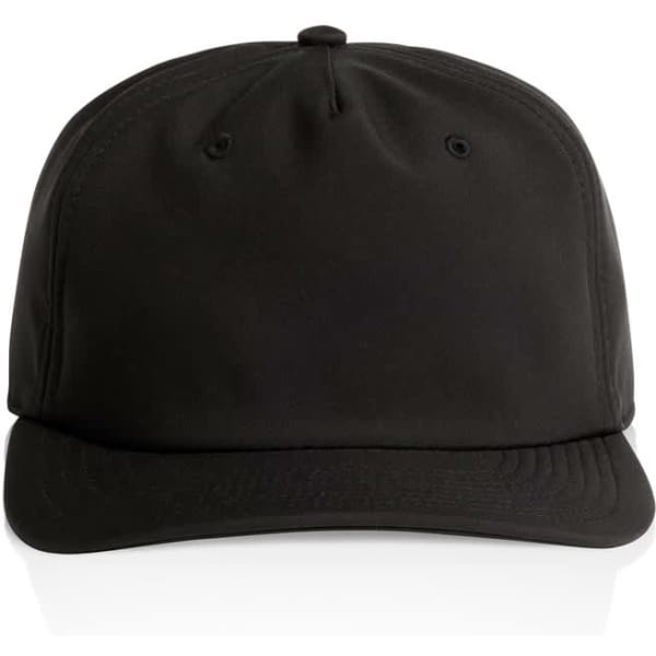 A black cap with a slightly curved brim and a plain design, featuring a logo on the front.