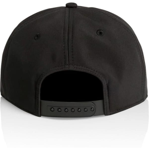 A black cap with a rounded back and an adjustable strap, featuring a logo on the side.